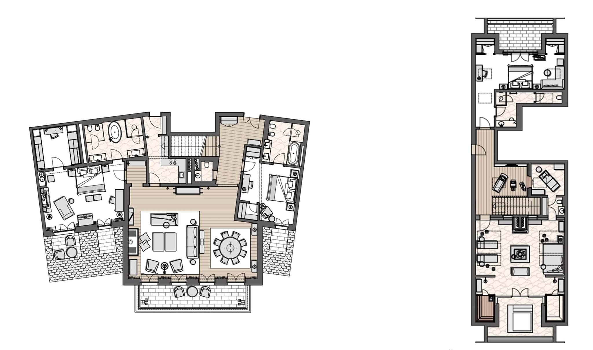Two-level floor plan showing open-plan living, circular dining, and four en-suite bedrooms