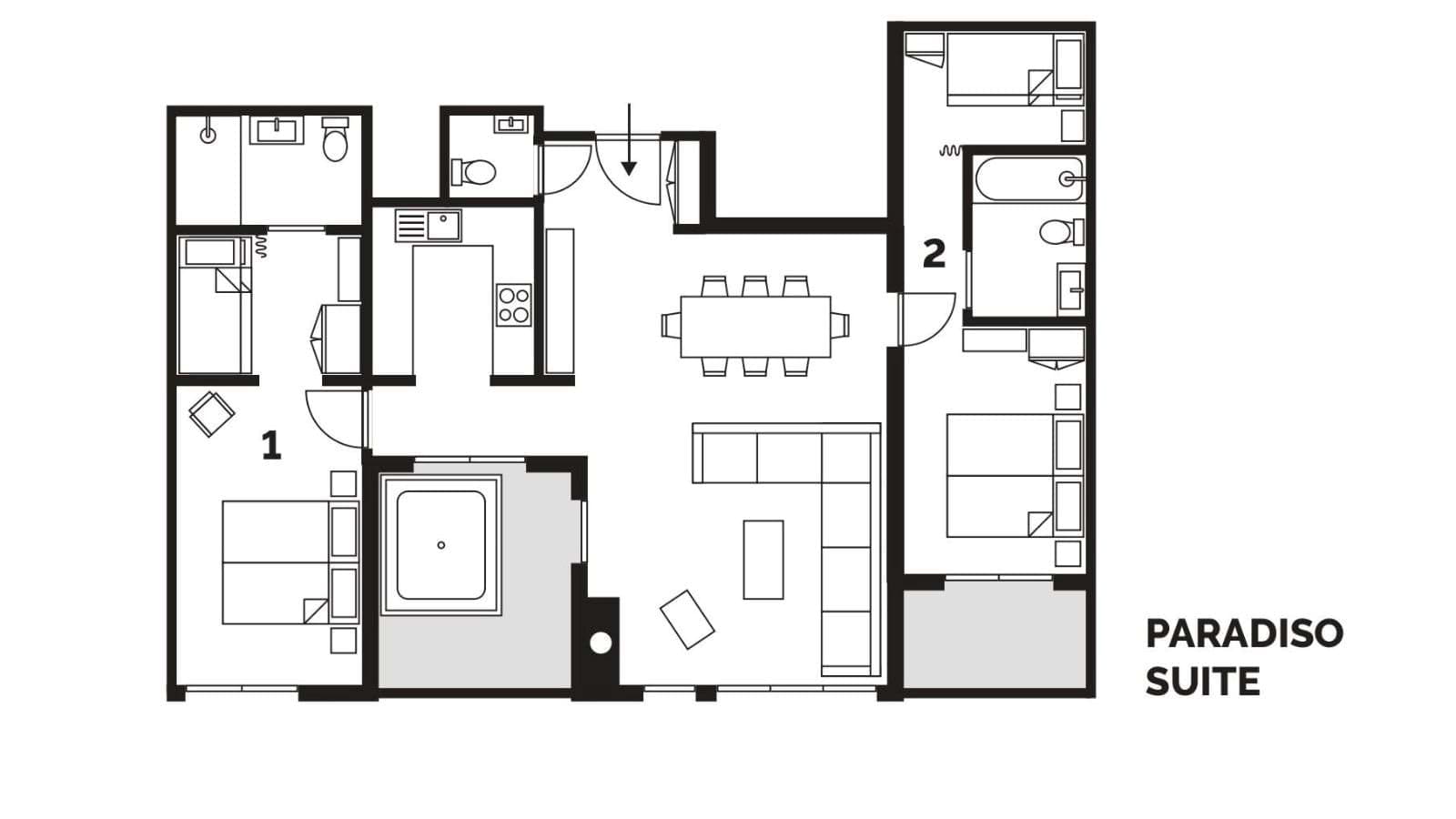 Paradiso Suite floor plan: two bedrooms, kitchen, dining area, and living room