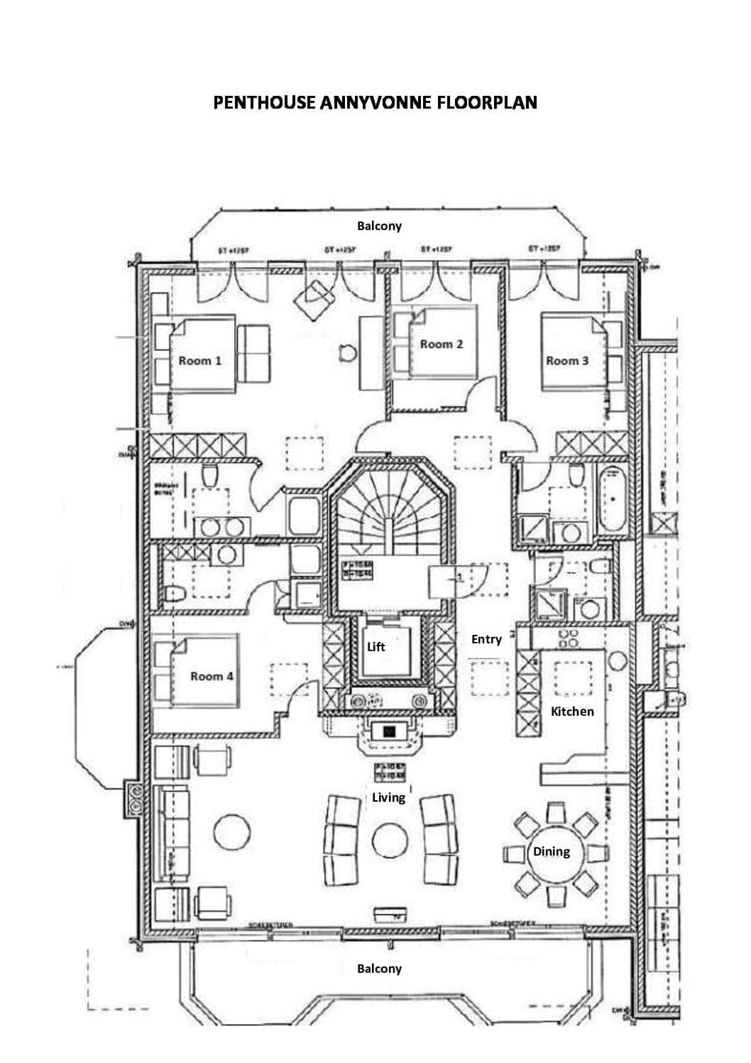 Penthouse floor plan: four bedrooms, open-plan living, and dual balconies