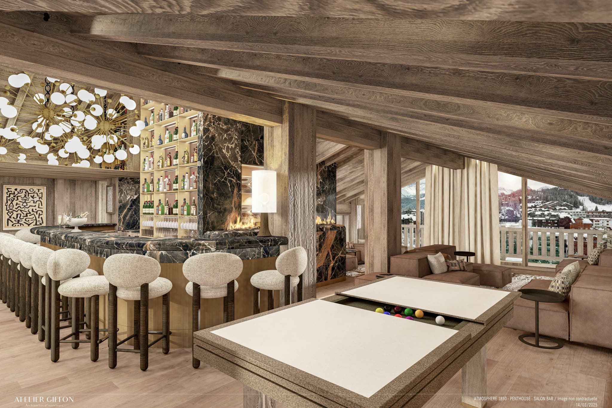 Penthouse bar and lounge with convertible pool table and mountain views