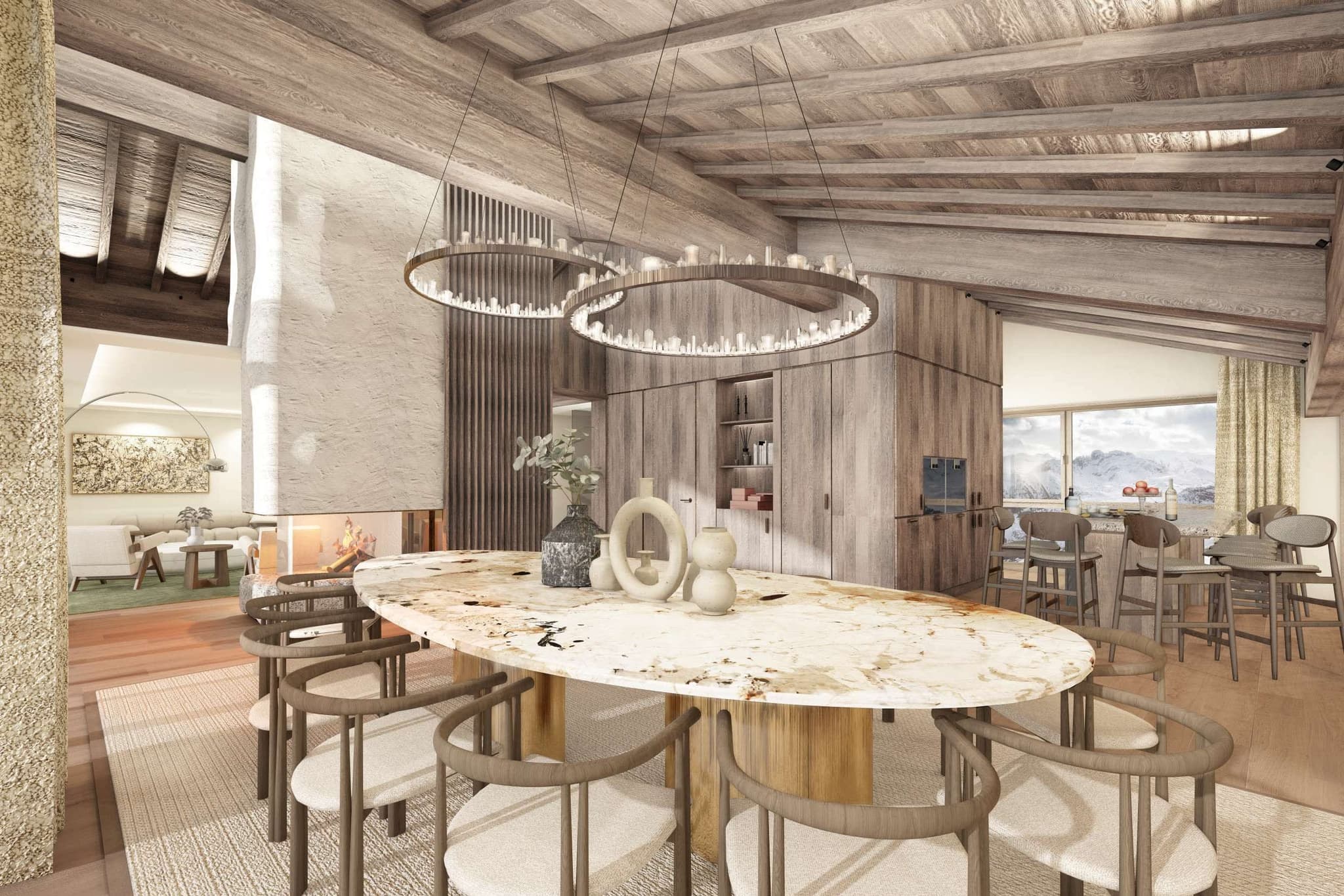 Dining area with stone table seating 10; double-sided fireplace