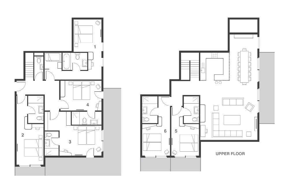 Two-level floor plan with 6 bedrooms and dining for 12