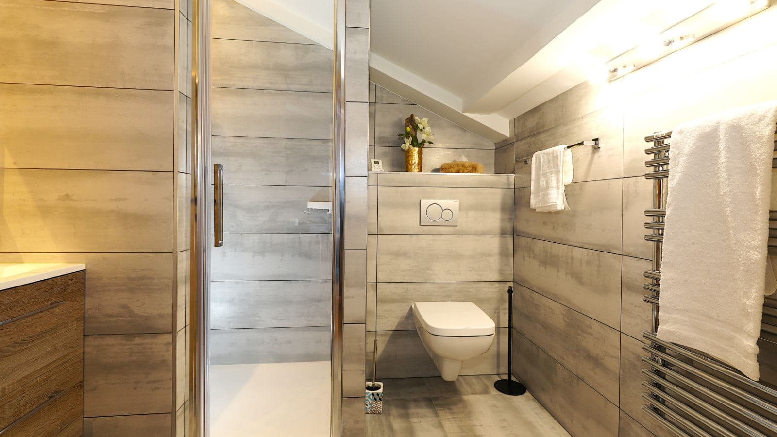 Bathroom with walk-in shower and heated towel rail
