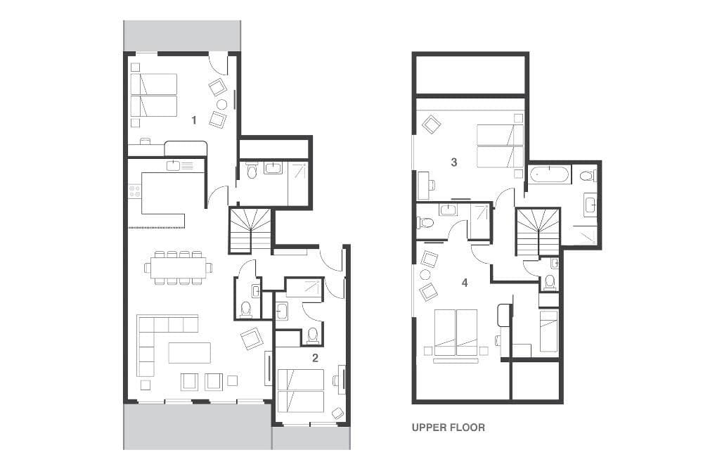 Two-level floor plan: four bedrooms, open-plan living, and three bathrooms