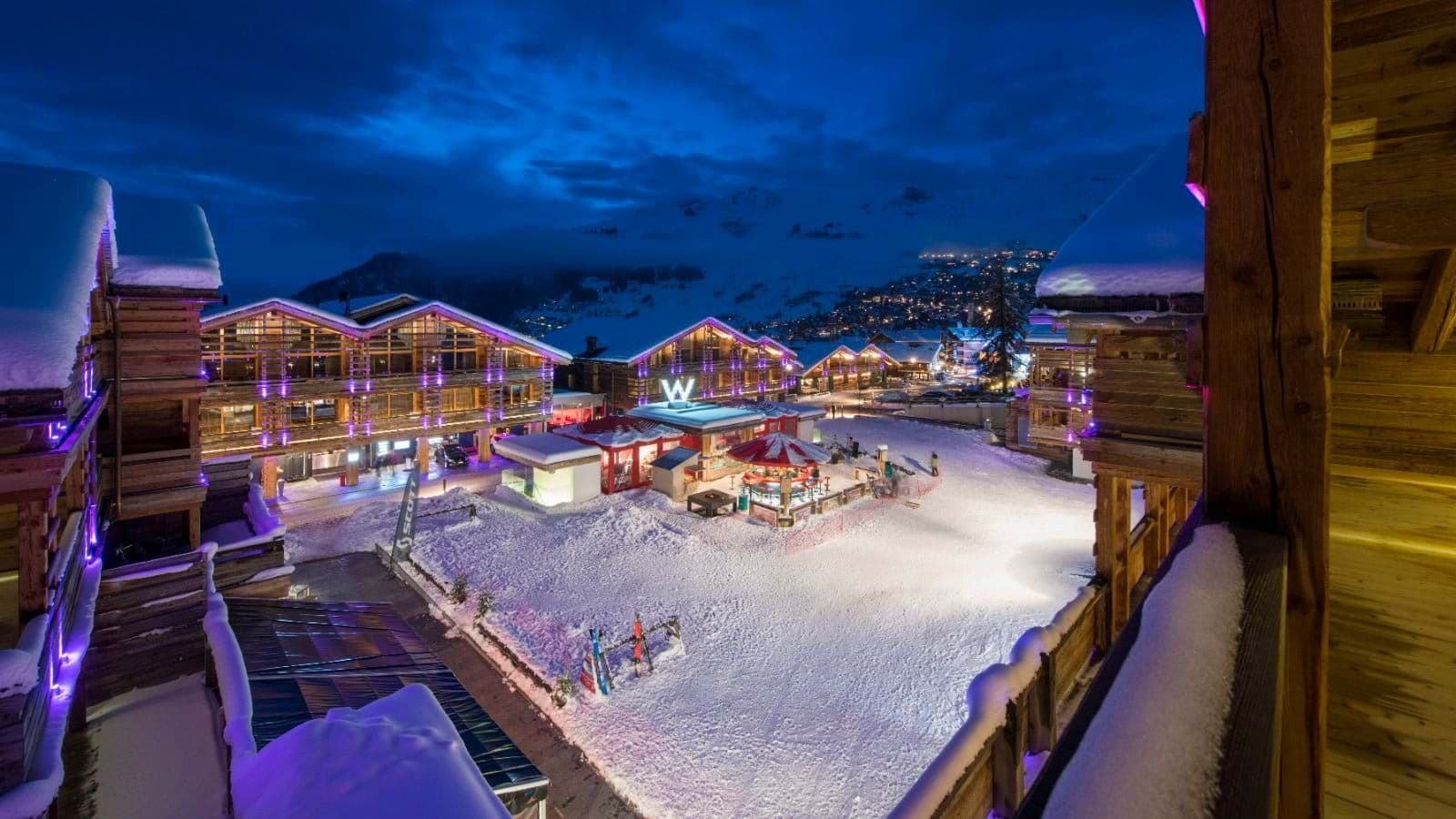 Private balcony view overlooking the village square and ski-in/ski-out access
