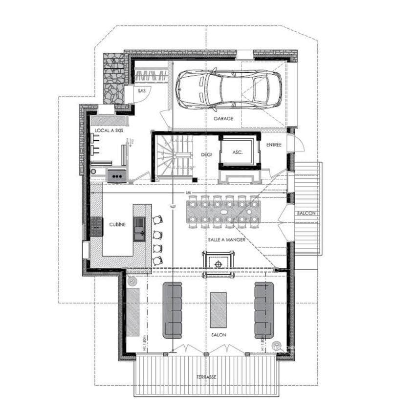 Ground floor layout: garage, ski storage, elevator, and open-plan living area with terrace