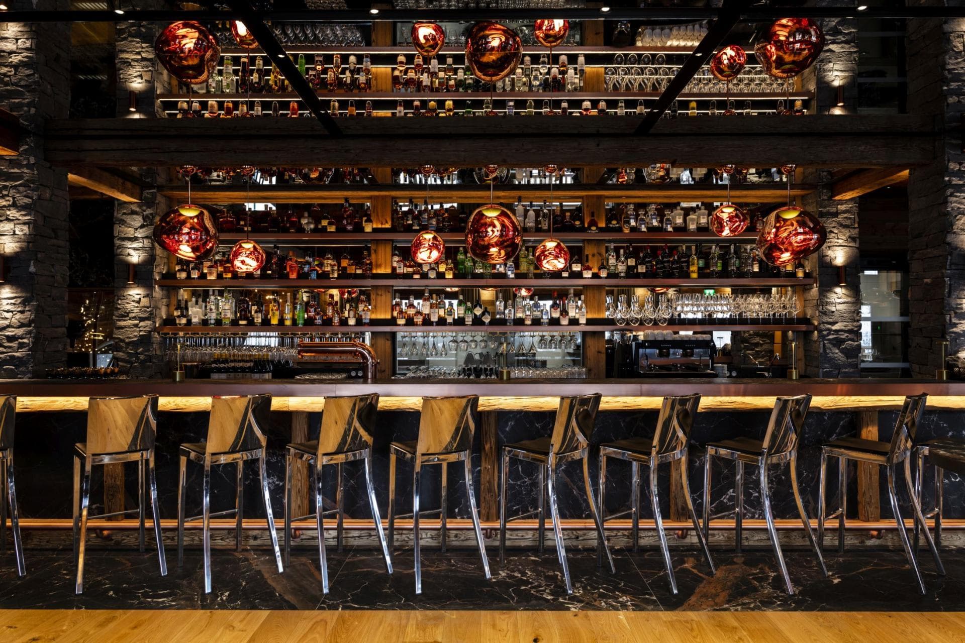 Bar area with seating for 10 and Tom Dixon melt pendants