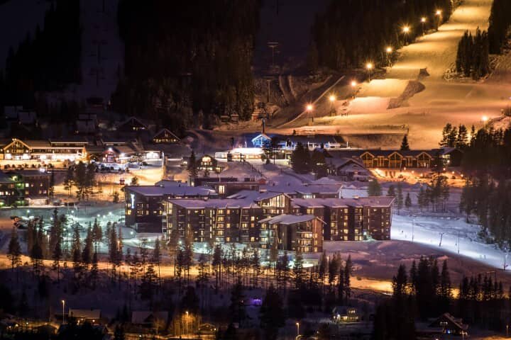 Ski-in/ski-out resort exterior with direct access to lit night-skiing trails