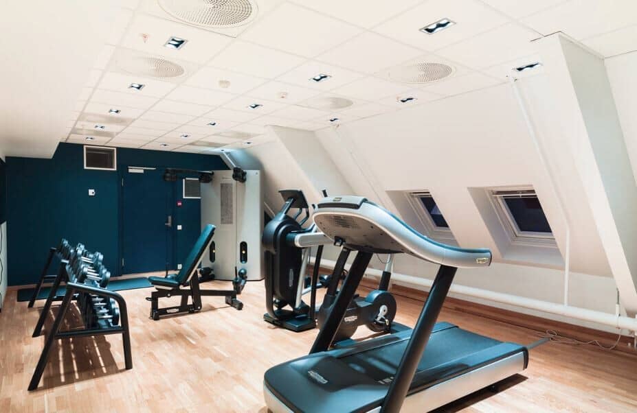 Fitness center with Technogym equipment, free weights, and skylight windows