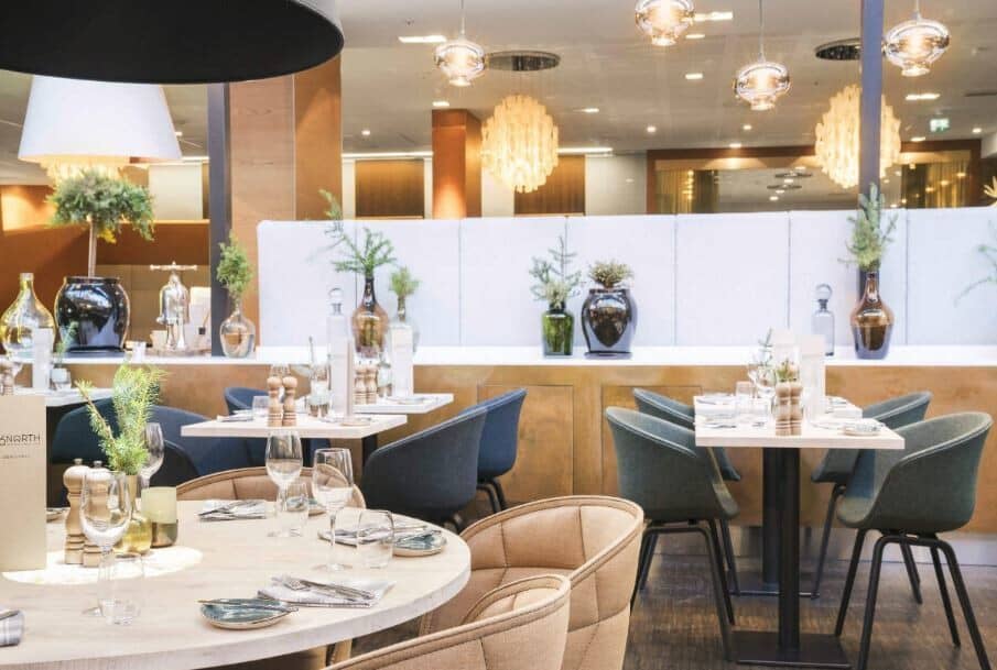 Dining area featuring varied seating options and dedicated service stations