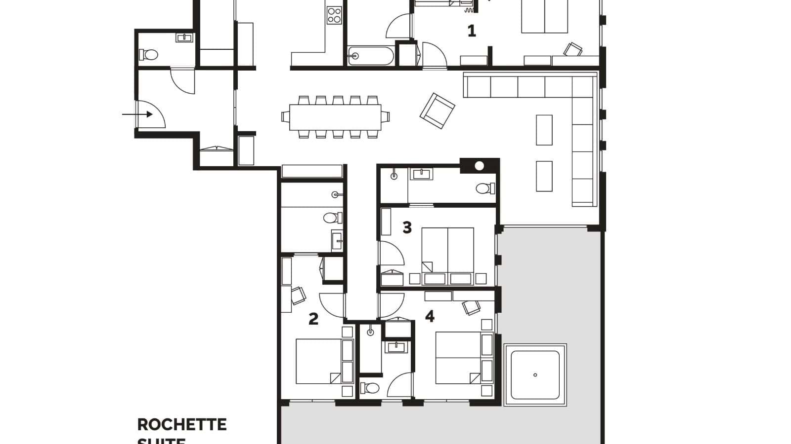 Floor plan: open living area, four en suite bedrooms, and outdoor terrace with hot tub