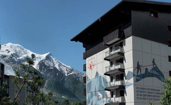 Building exterior with private balconies and Mont Blanc mountain views