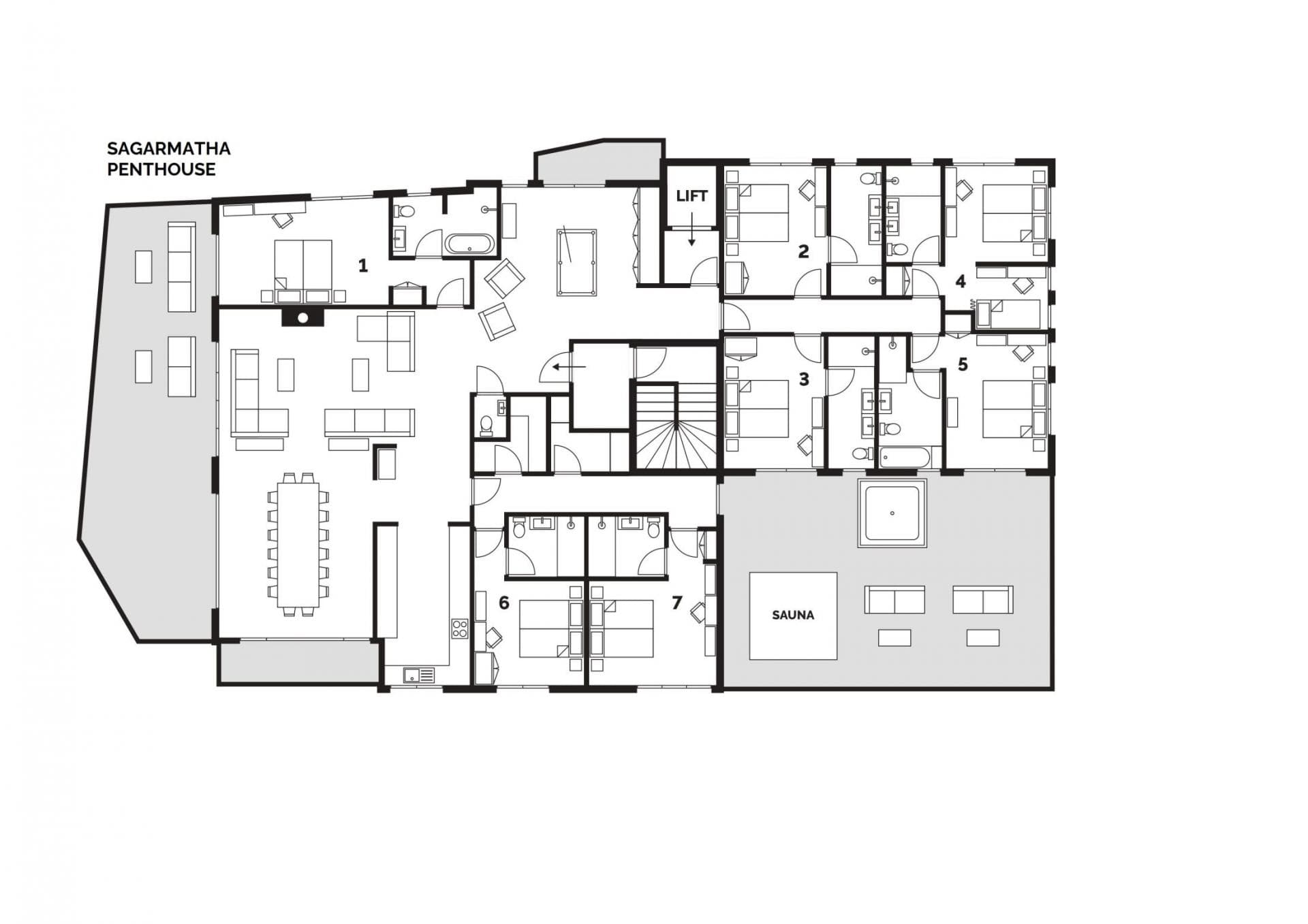 Penthouse floor plan: seven bedrooms, private sauna, hot tub, and lift access