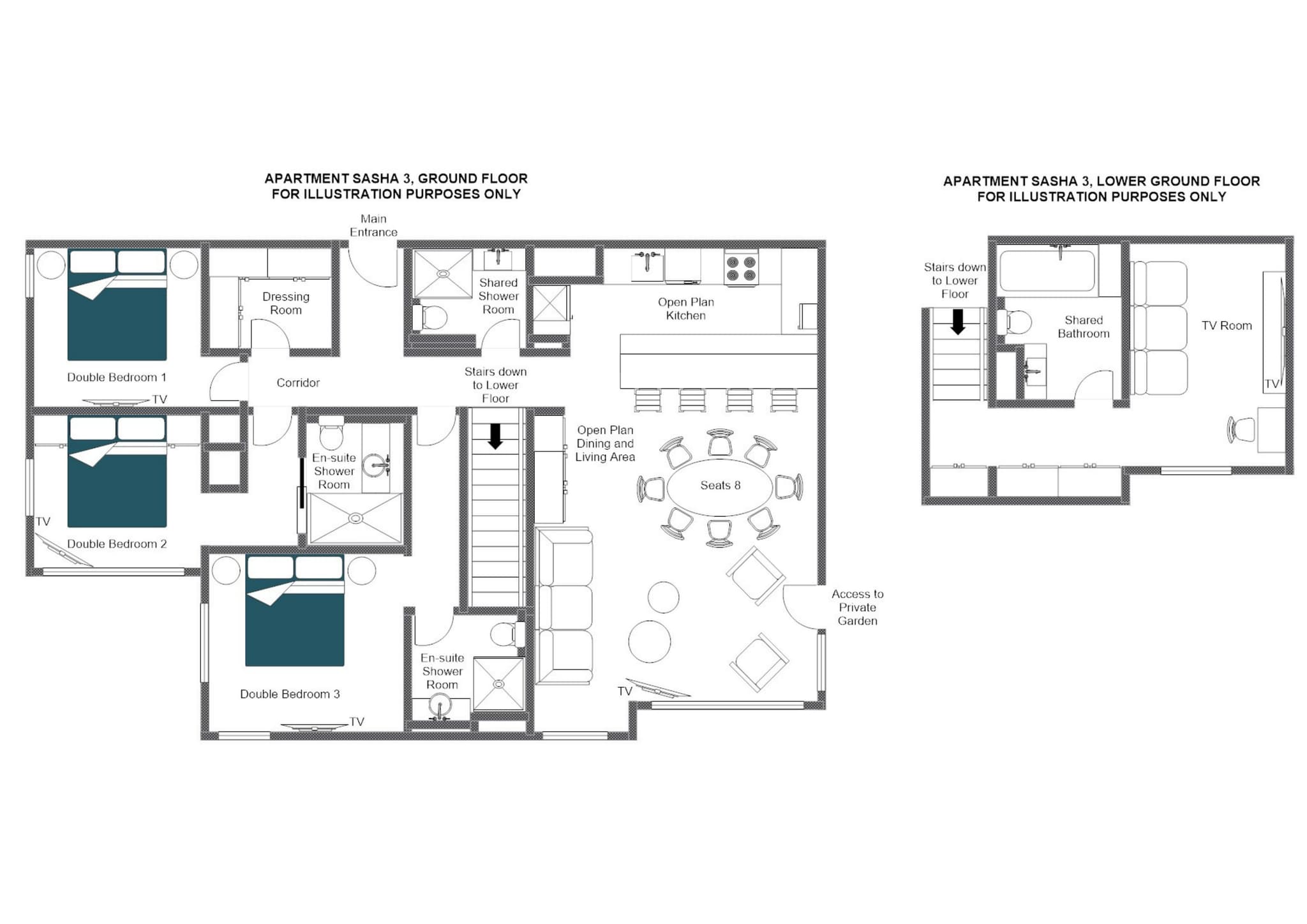 Floor plan: three double bedrooms, open-plan living, and lower ground floor TV room