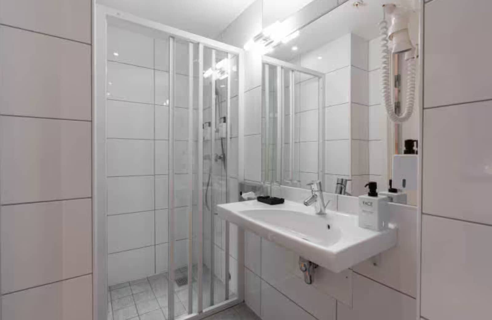Bathroom with walk-in shower and wall-mounted hair dryer