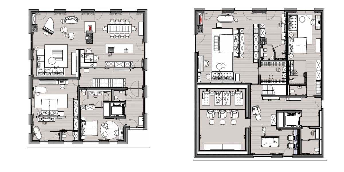 Floor plans showing open-concept living, 4 bedrooms, media room, and home gym