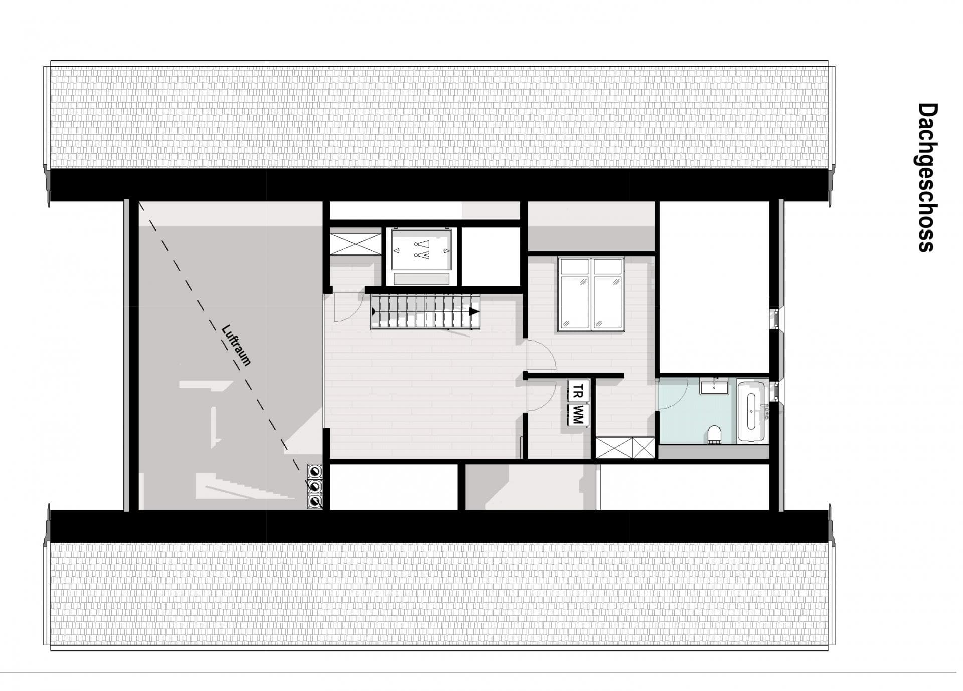 Top floor layout: bedroom, full bathroom, laundry area, and attic storage