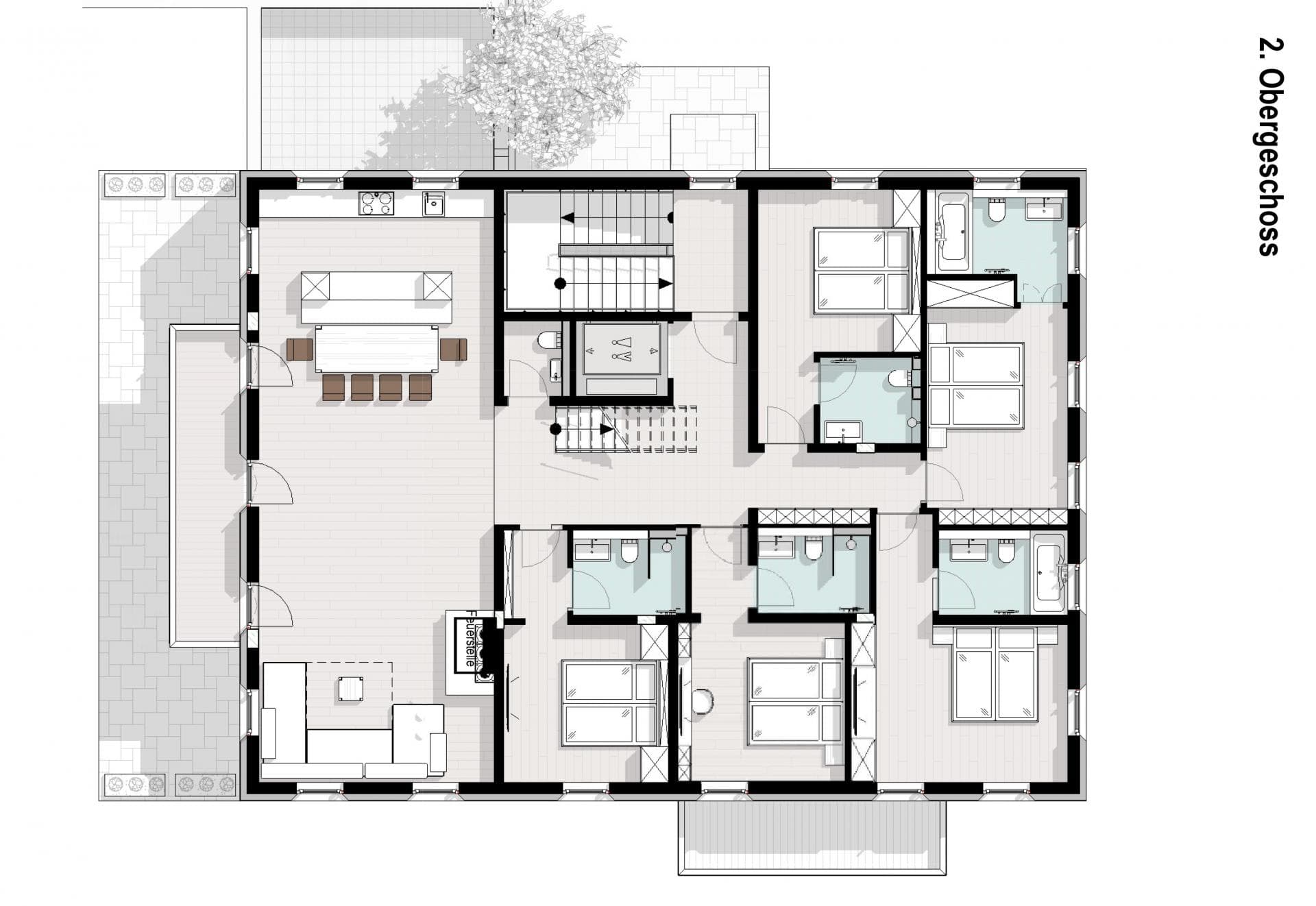 Second floor plan: four bedrooms with en-suite bathrooms, elevator, and open living area