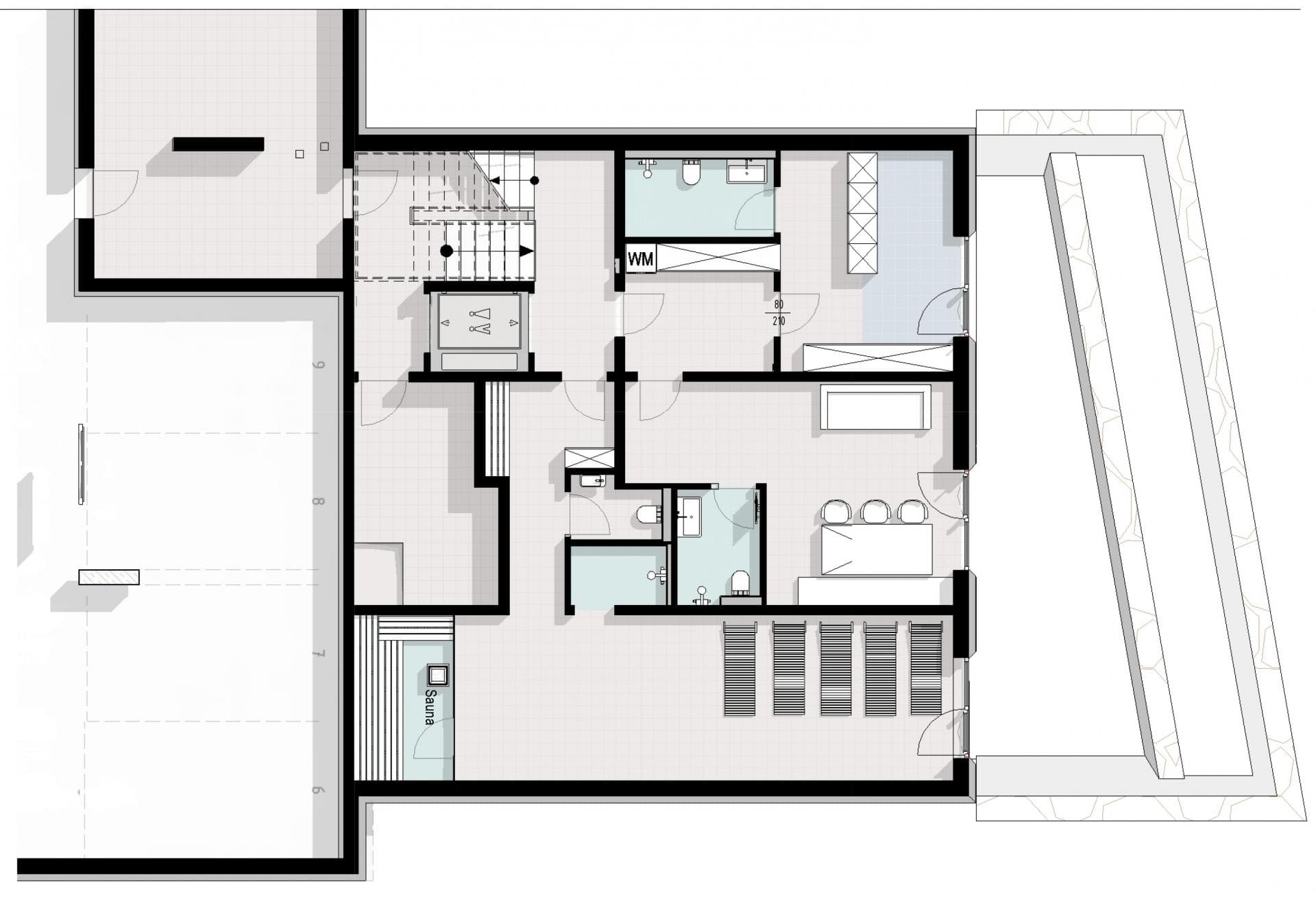 Lower level floor plan: sauna, wellness area, laundry, and elevator access