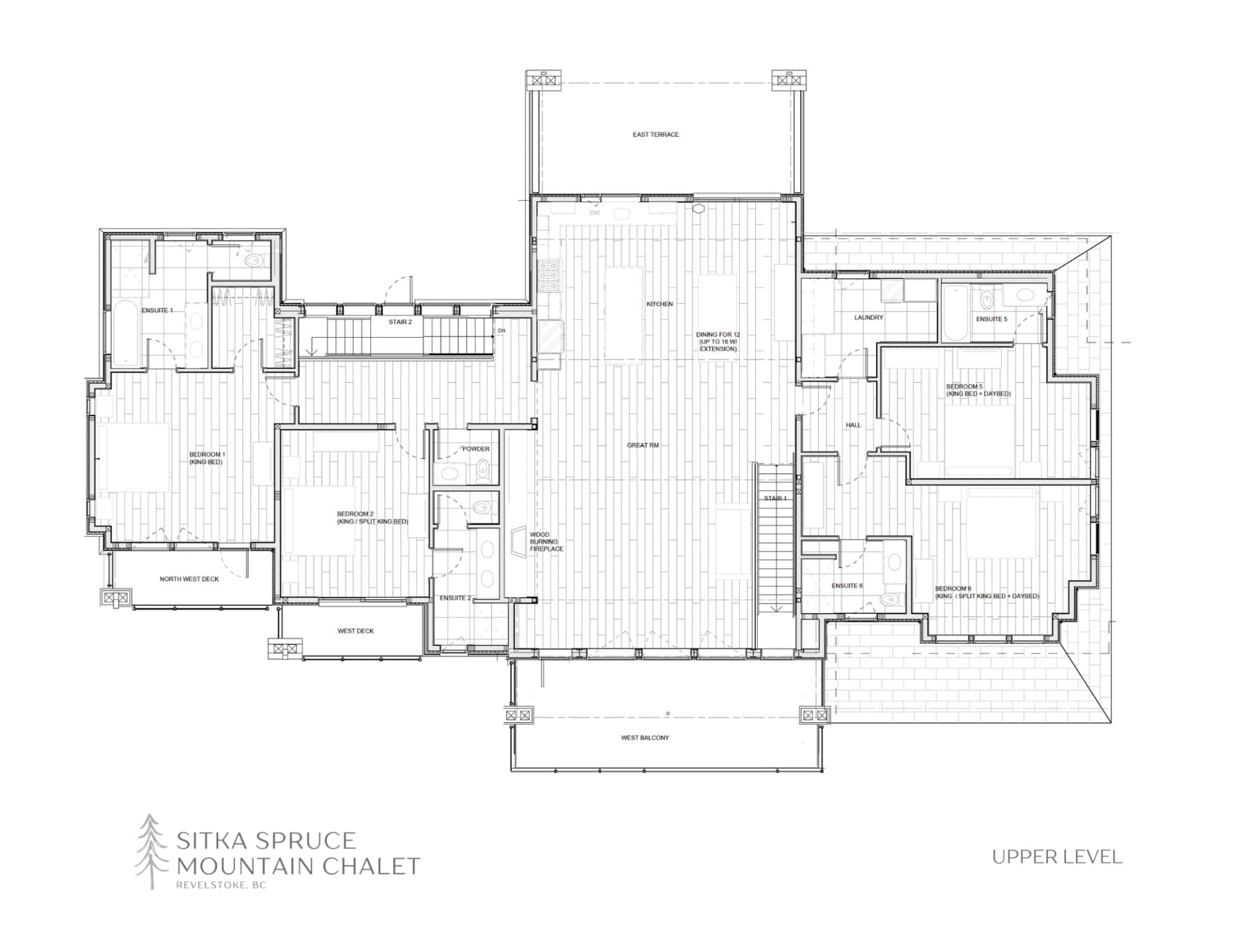Upper level plan: four bedrooms with en suites, kitchen, and dining for 12
