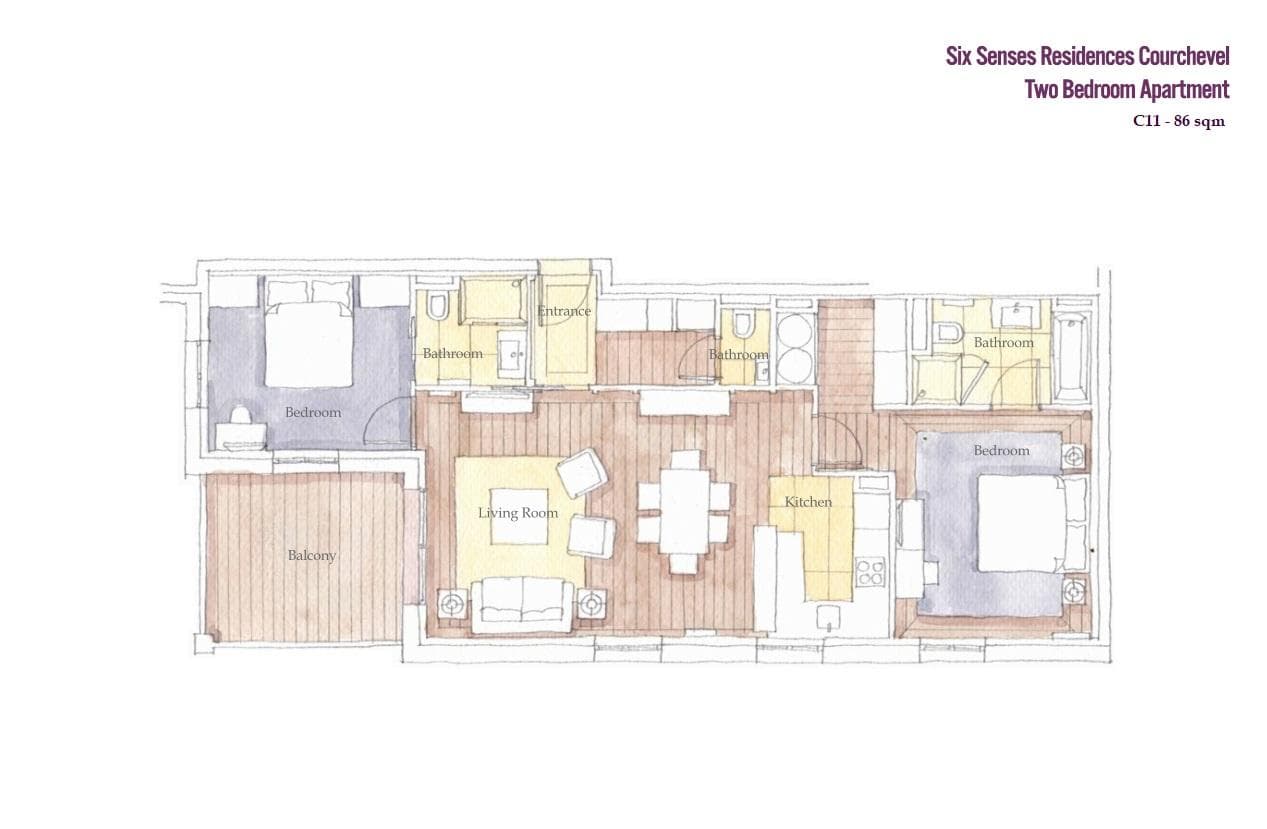 Two-bedroom apartment floor plan with three bathrooms, open kitchen, and balcony