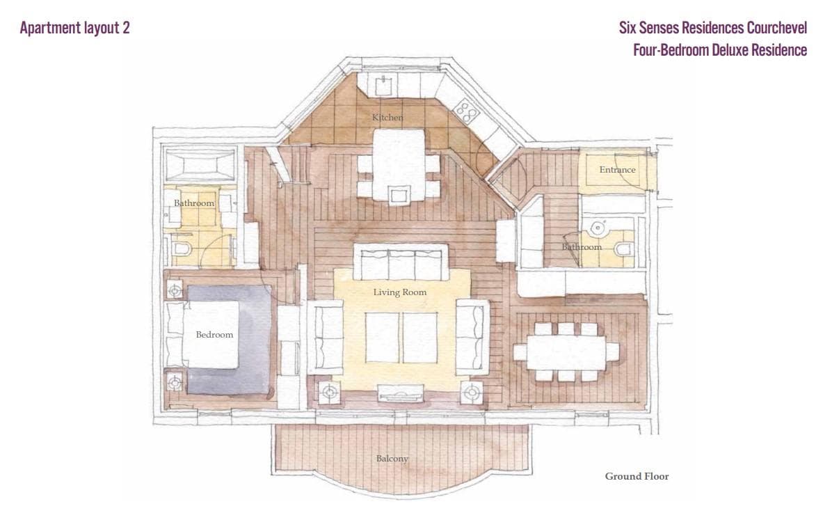Four-bedroom residence floor plan featuring dining seating for 8