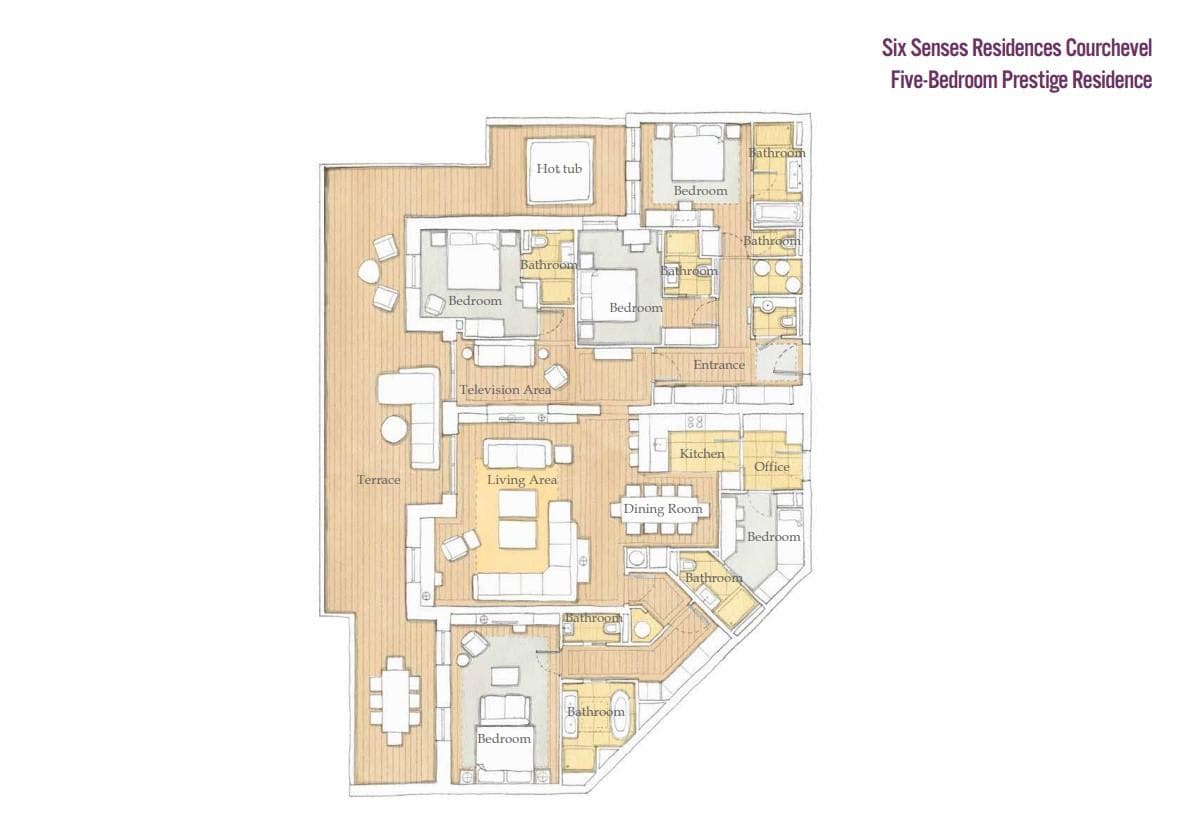 Floor plan: five bedrooms, five bathrooms, private terrace with hot tub and office