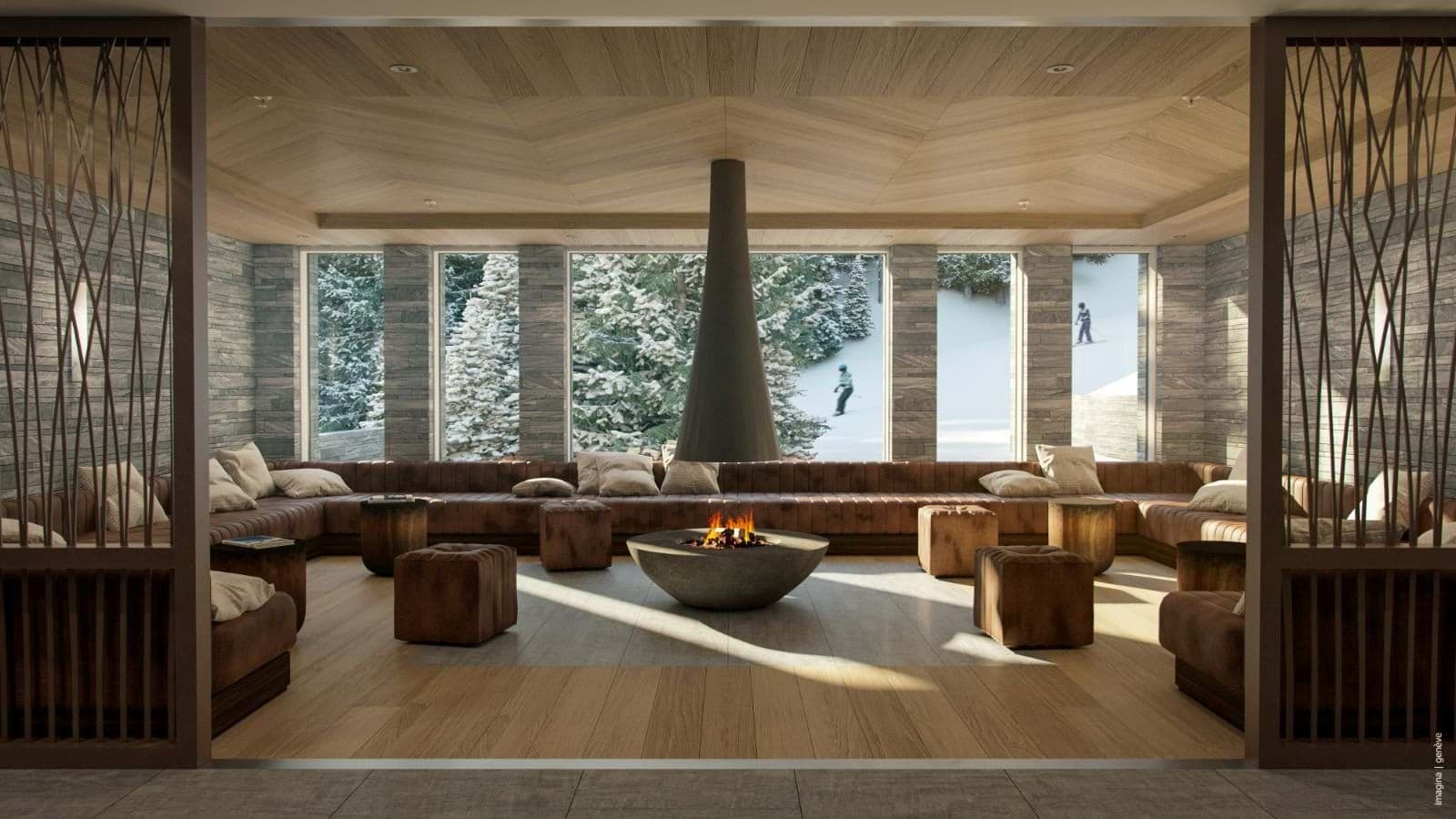 Lounge with central fire pit and seating for 20; slope views