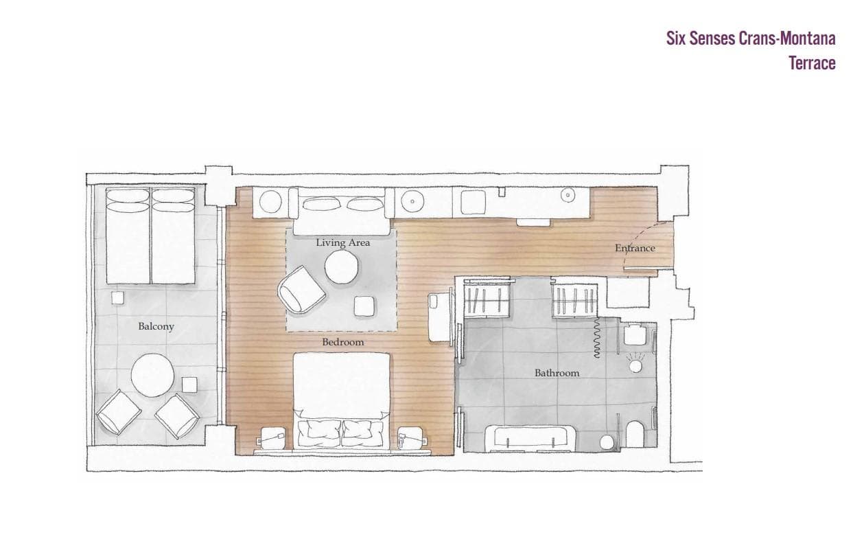 Terrace suite floor plan: king bedroom, living area, and bathroom with dual vanities