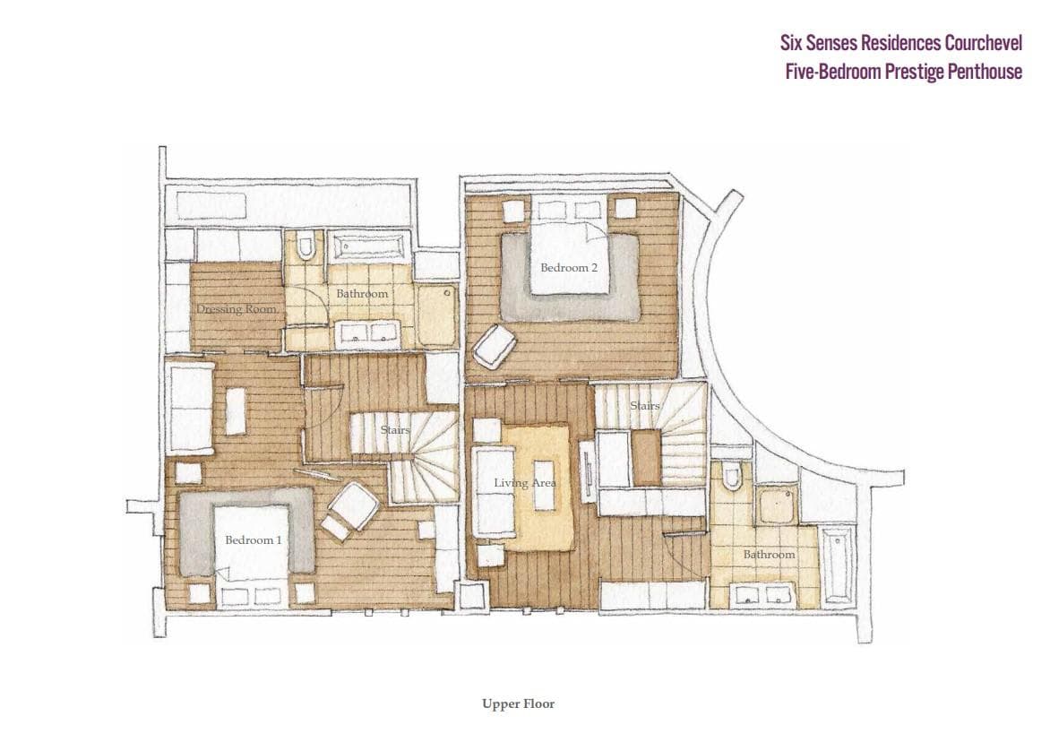 Upper floor plan: two ensuite bedrooms, living area, and private dressing room