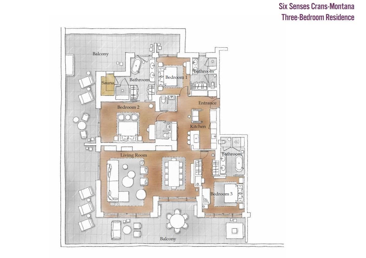 Three-bedroom layout featuring private sauna and en-suite bathrooms
