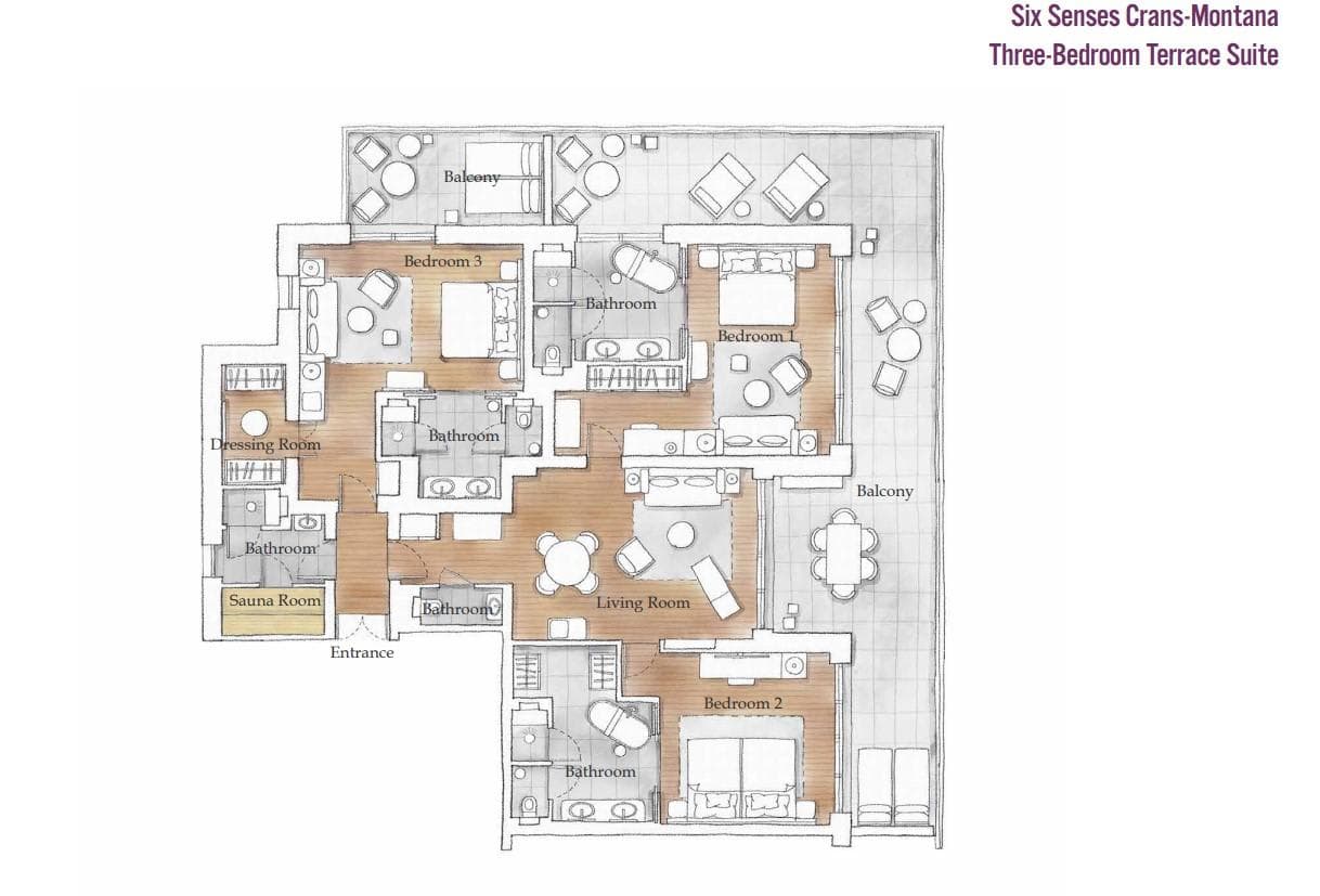 Floor plan: three-bedroom terrace suite with private sauna and wraparound balcony