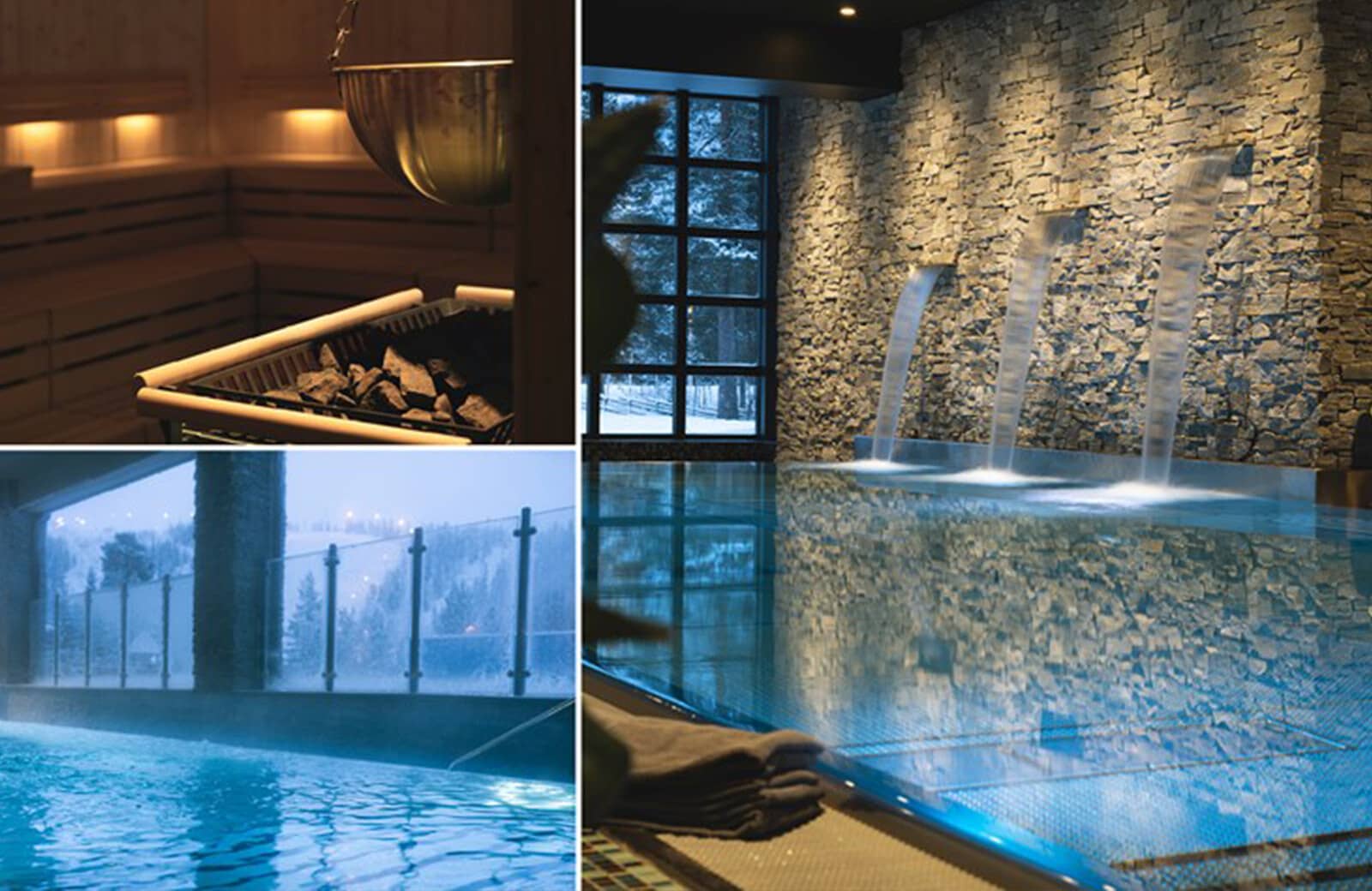 Indoor pool with waterfalls and sauna; windows overlook snowy slopes