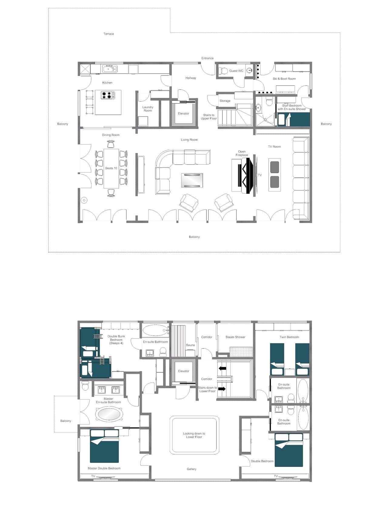 Floor plans: living areas with elevator, 10-seat dining, and spa with sauna
