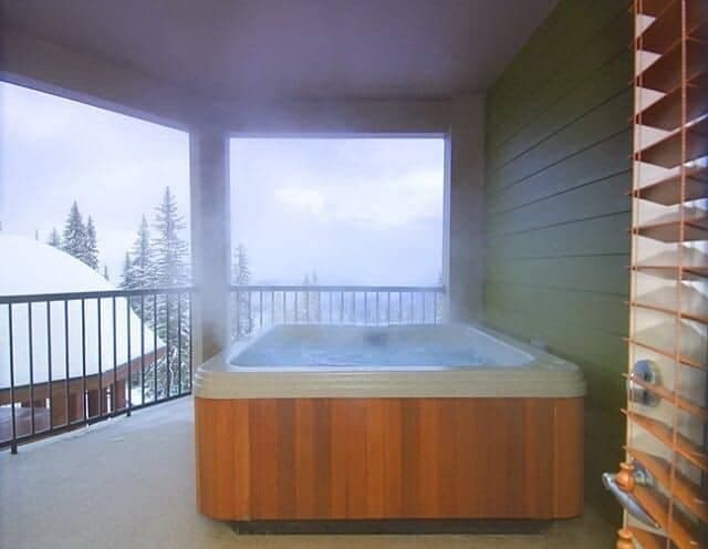 Covered balcony hot tub with views of evergreen trees