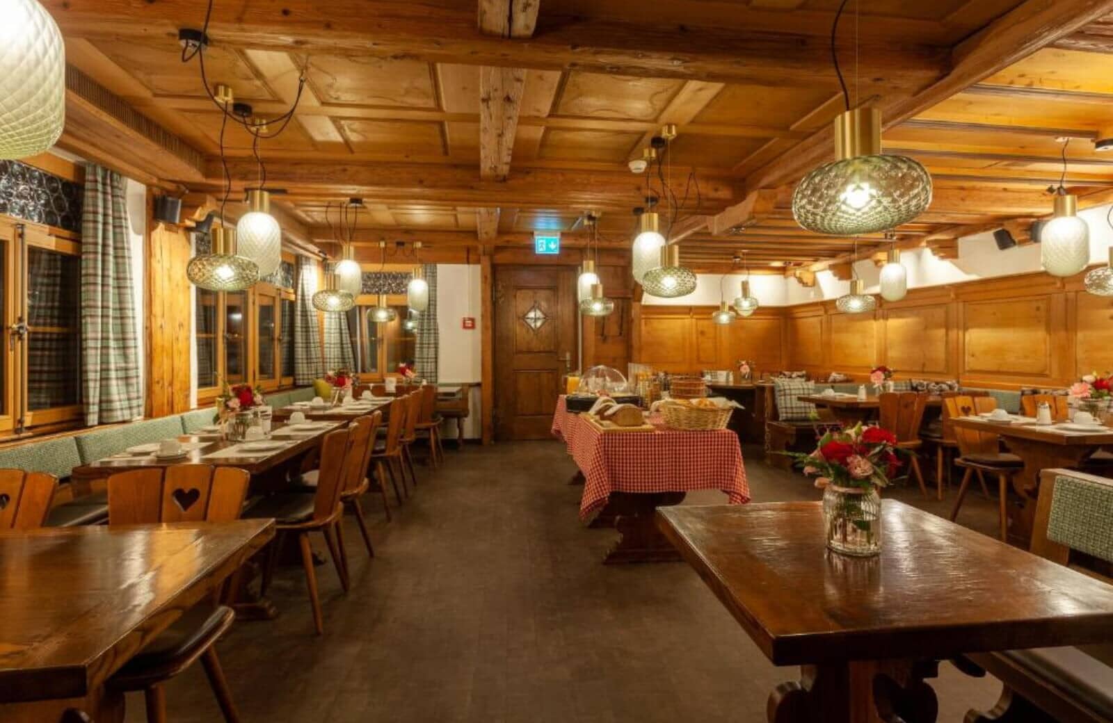 Dining room with traditional wood paneling and buffet serving station