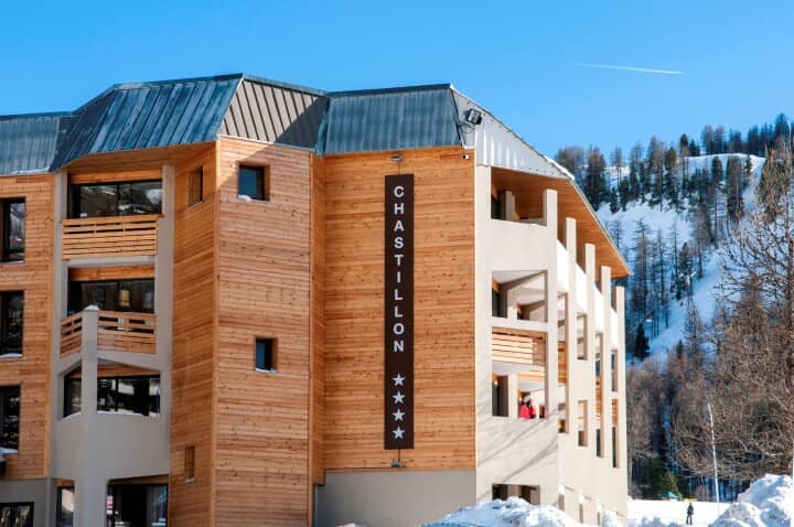 Chastillon hotel exterior with private balconies and direct ski slope access