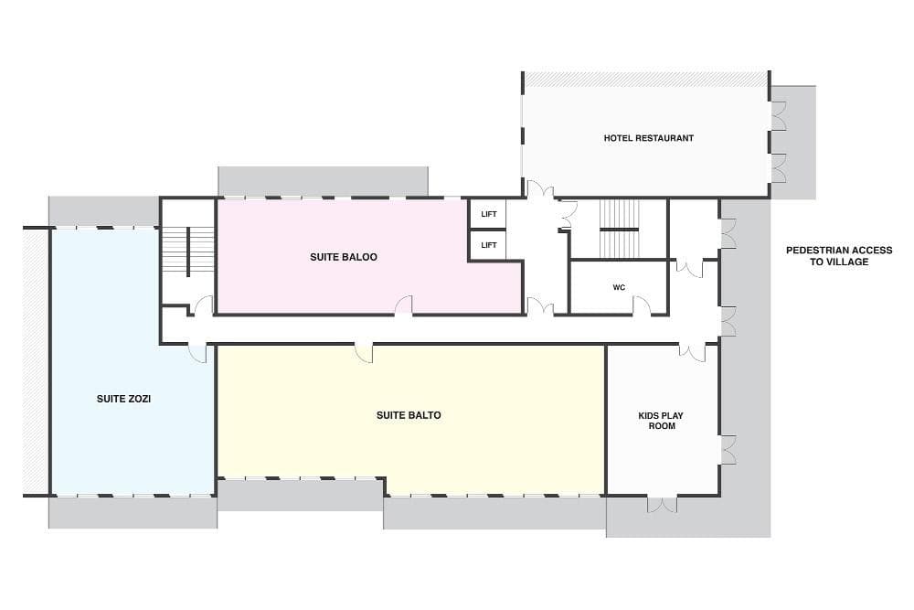 Floor plan: three guest suites, kids play room, and hotel restaurant access