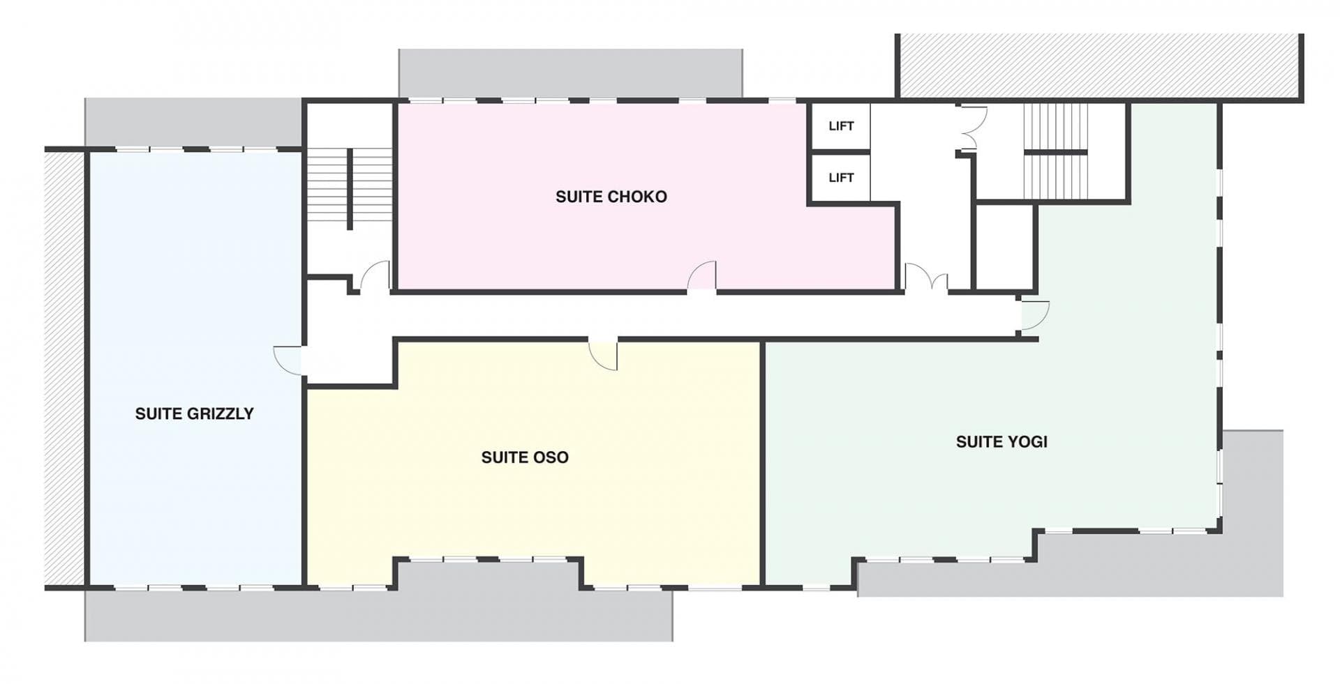 Floor plan: Grizzly, Choko, Oso, and Yogi suites with dual lift access