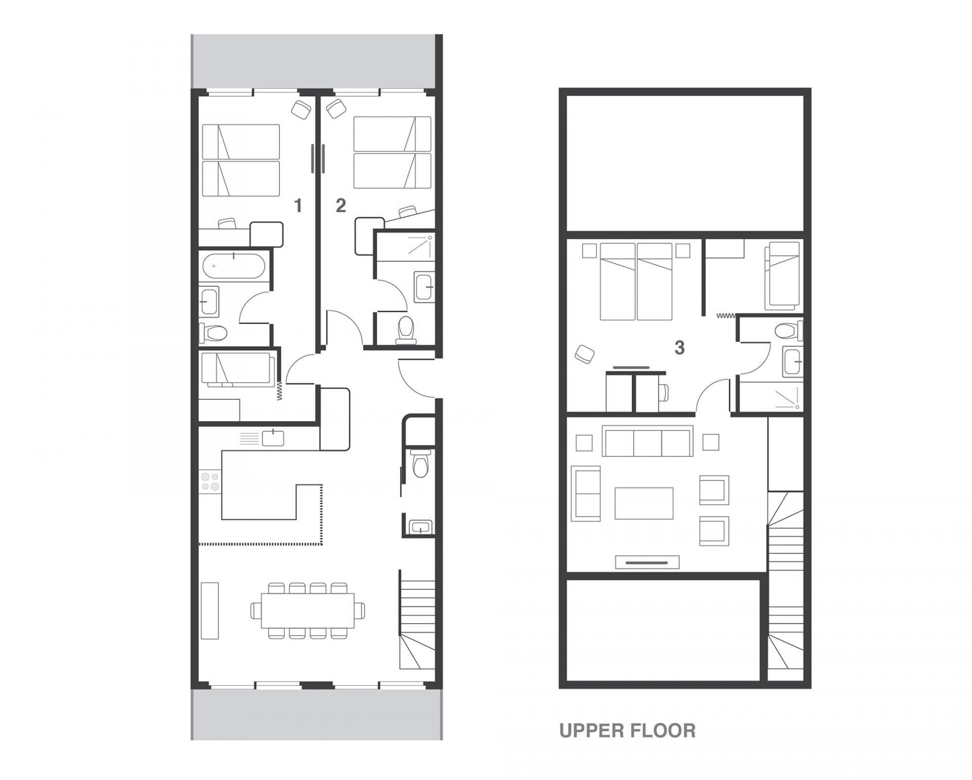 Floor plan showing two levels with three bedrooms, kitchen, and upper living area
