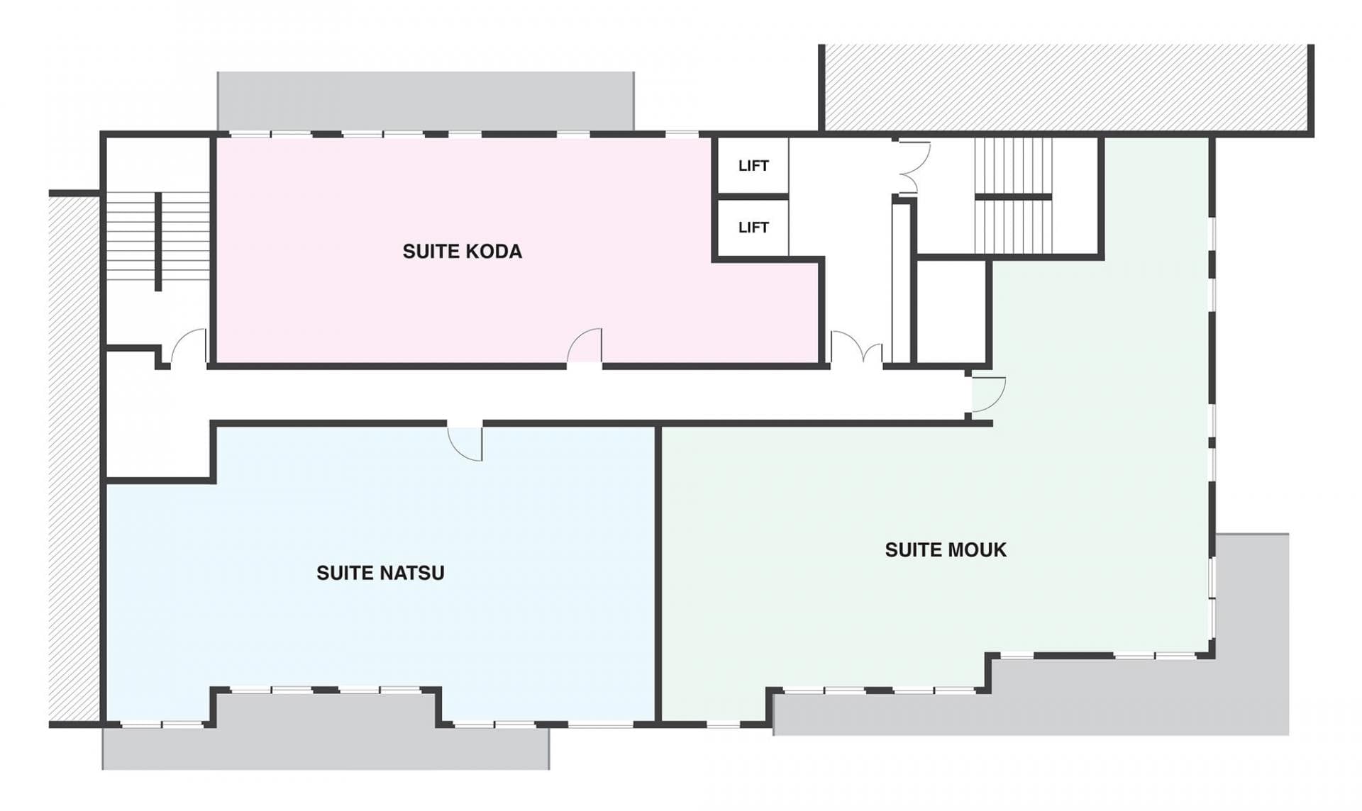 Floor plan showing suites Koda, Natsu, and Mouk with dual lift access