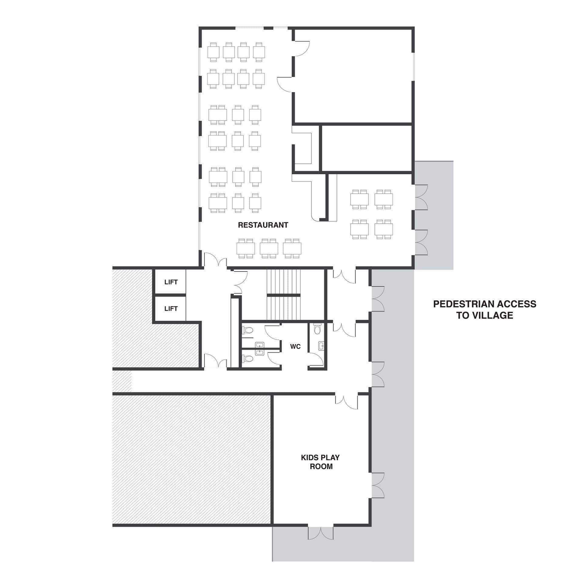 Ground floor plan: restaurant, kids play room, and pedestrian village access