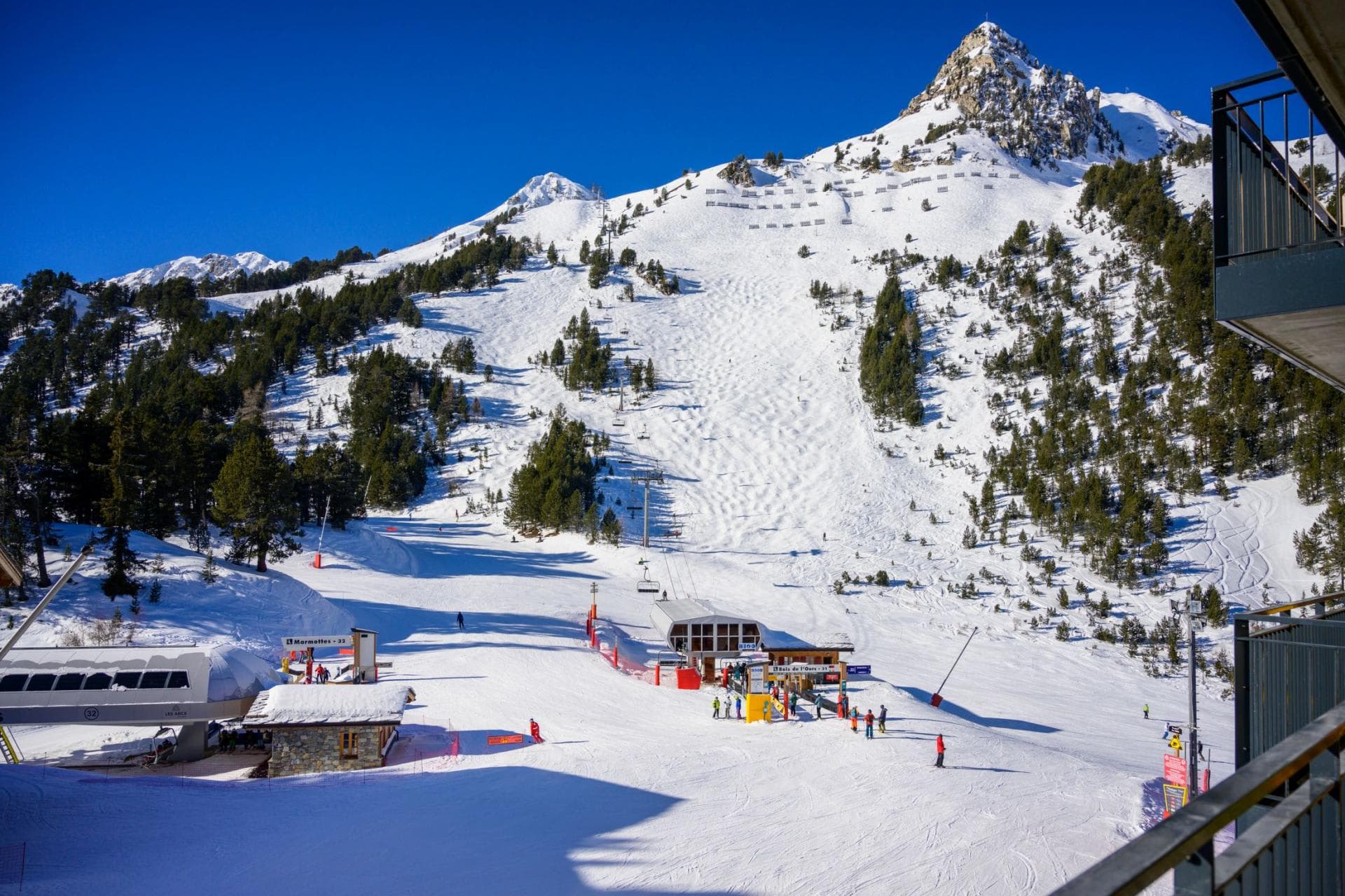Balcony view of ski-in/ski-out access and Marmottes chairlift