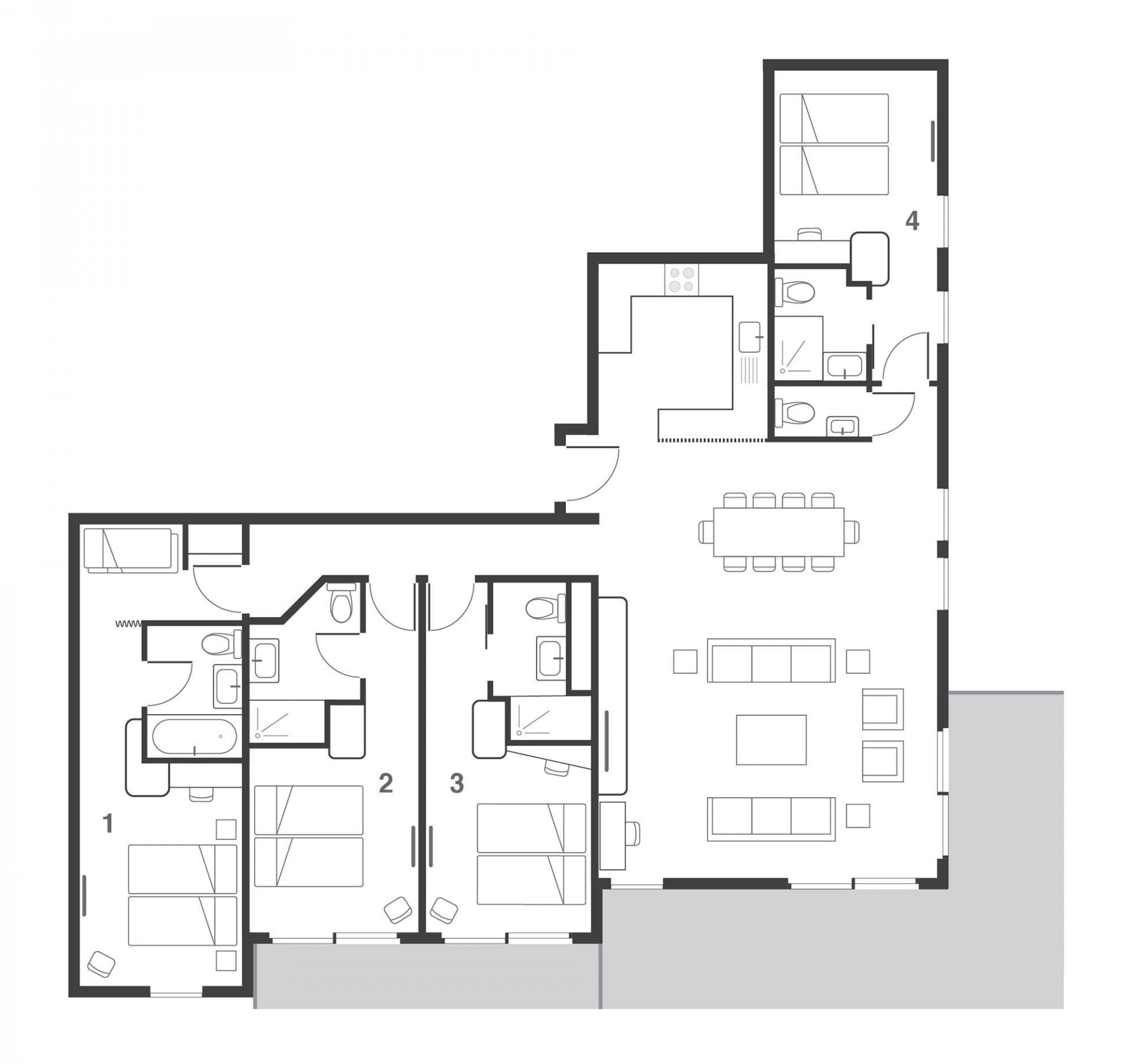 Floor plan: open living area and 4 bedrooms with en-suite bathrooms