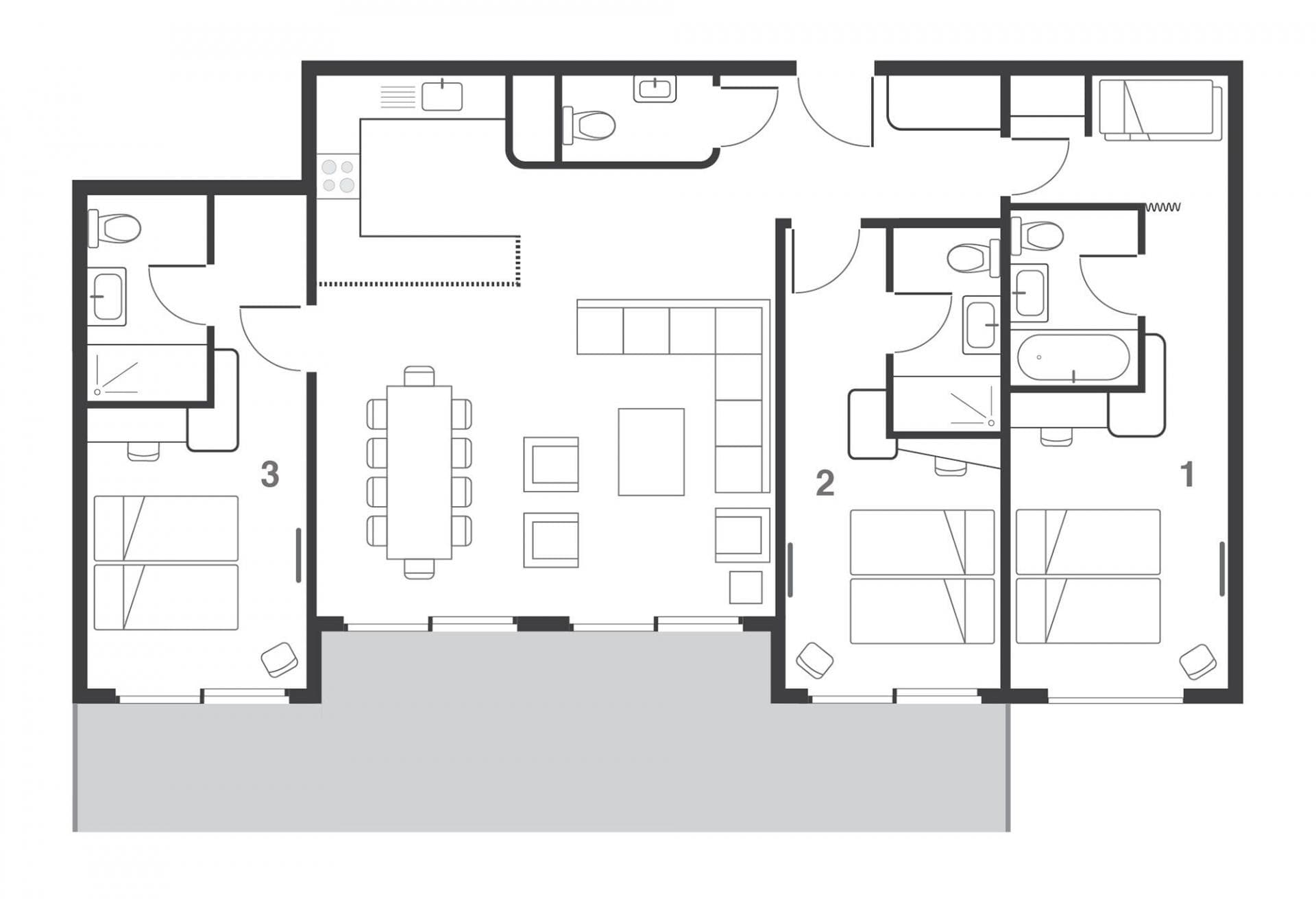 Floor plan: three bedrooms with ensuite baths, open living area, and large terrace