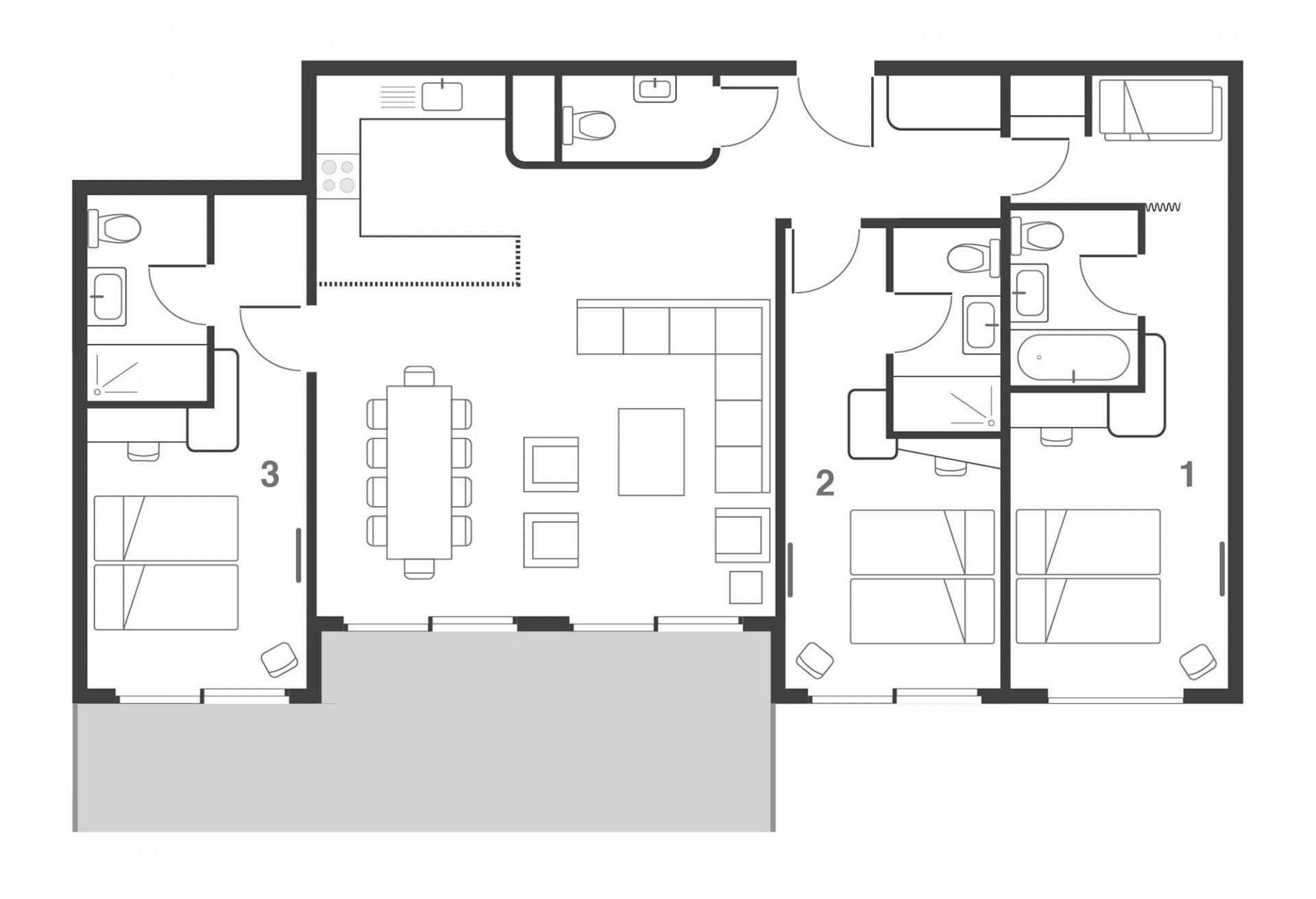 Floor plan: three bedrooms, three bathrooms, and open-plan living area with terrace