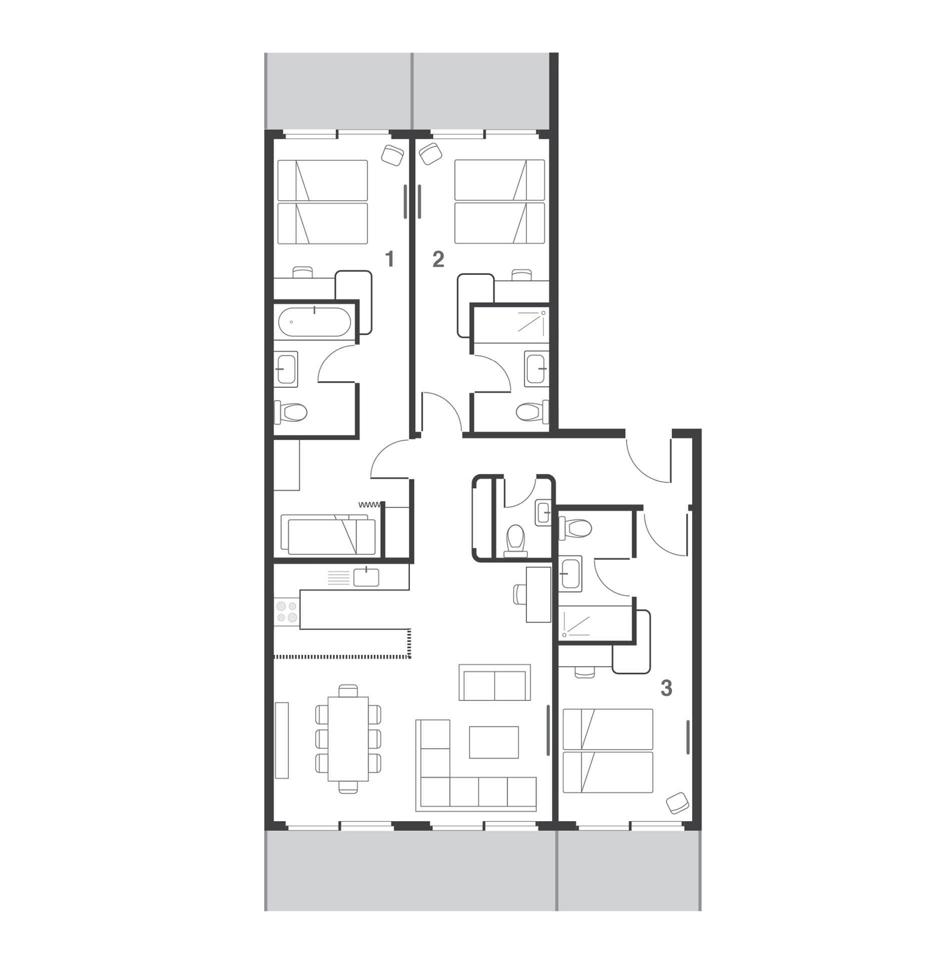 Floor plan: three bedrooms with ensuite bathrooms and open-plan living area