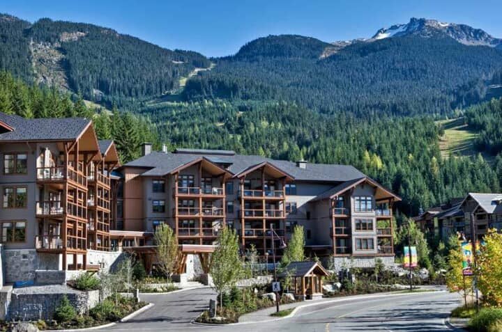 Ski-in, ski-out resort building with private balconies and mountain views