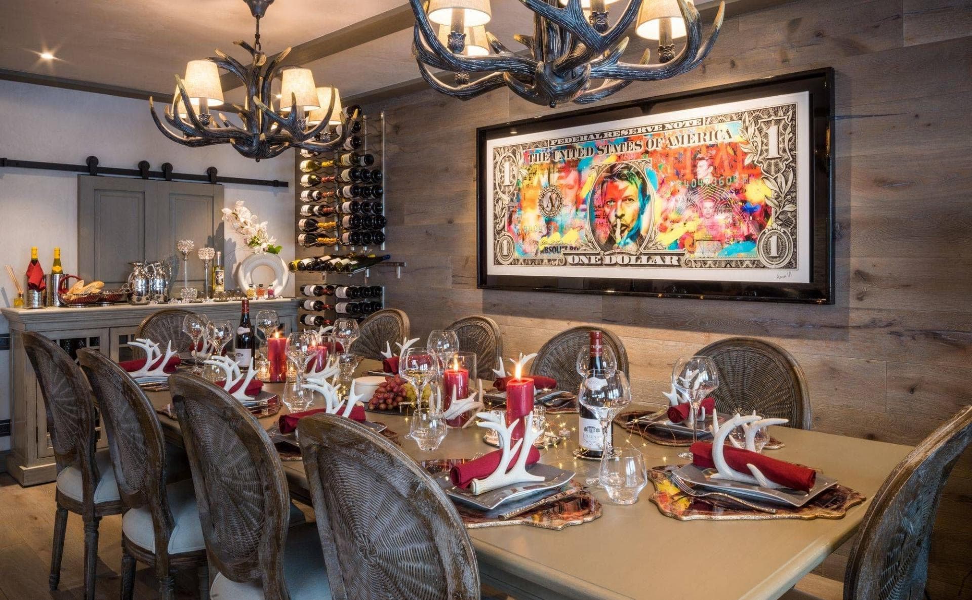 Dining room seats 10; features wall-mounted wine rack and buffet station