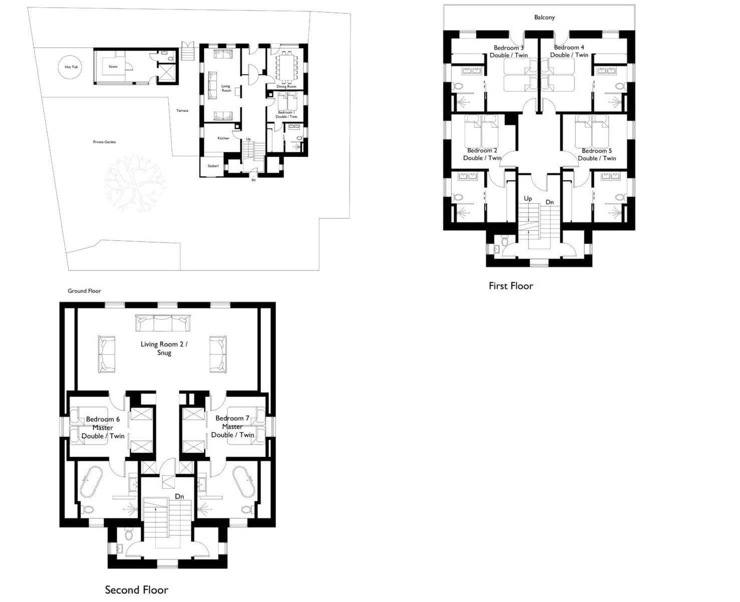 Floor plans for three levels including 7 bedrooms, snug, and outdoor hot tub